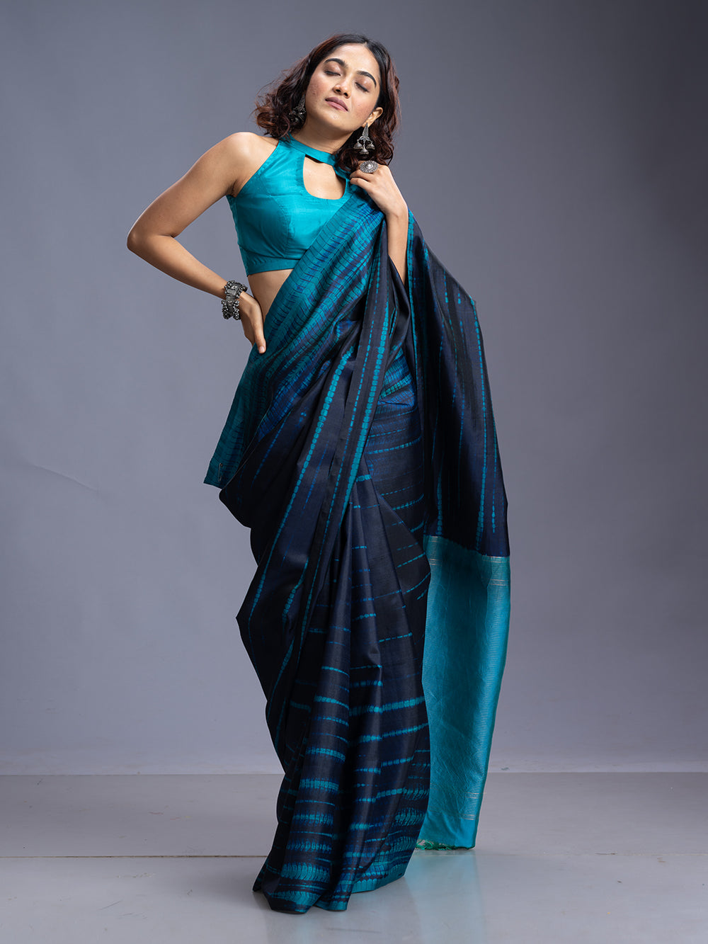 Navy Blue & Peacock Bathic Design Silk Saree