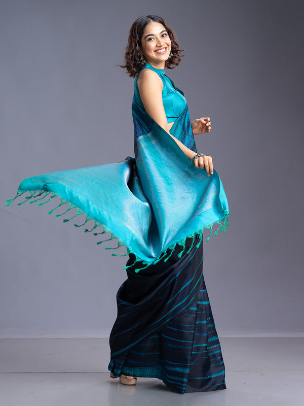 Navy Blue & Peacock Bathic Design Silk Saree