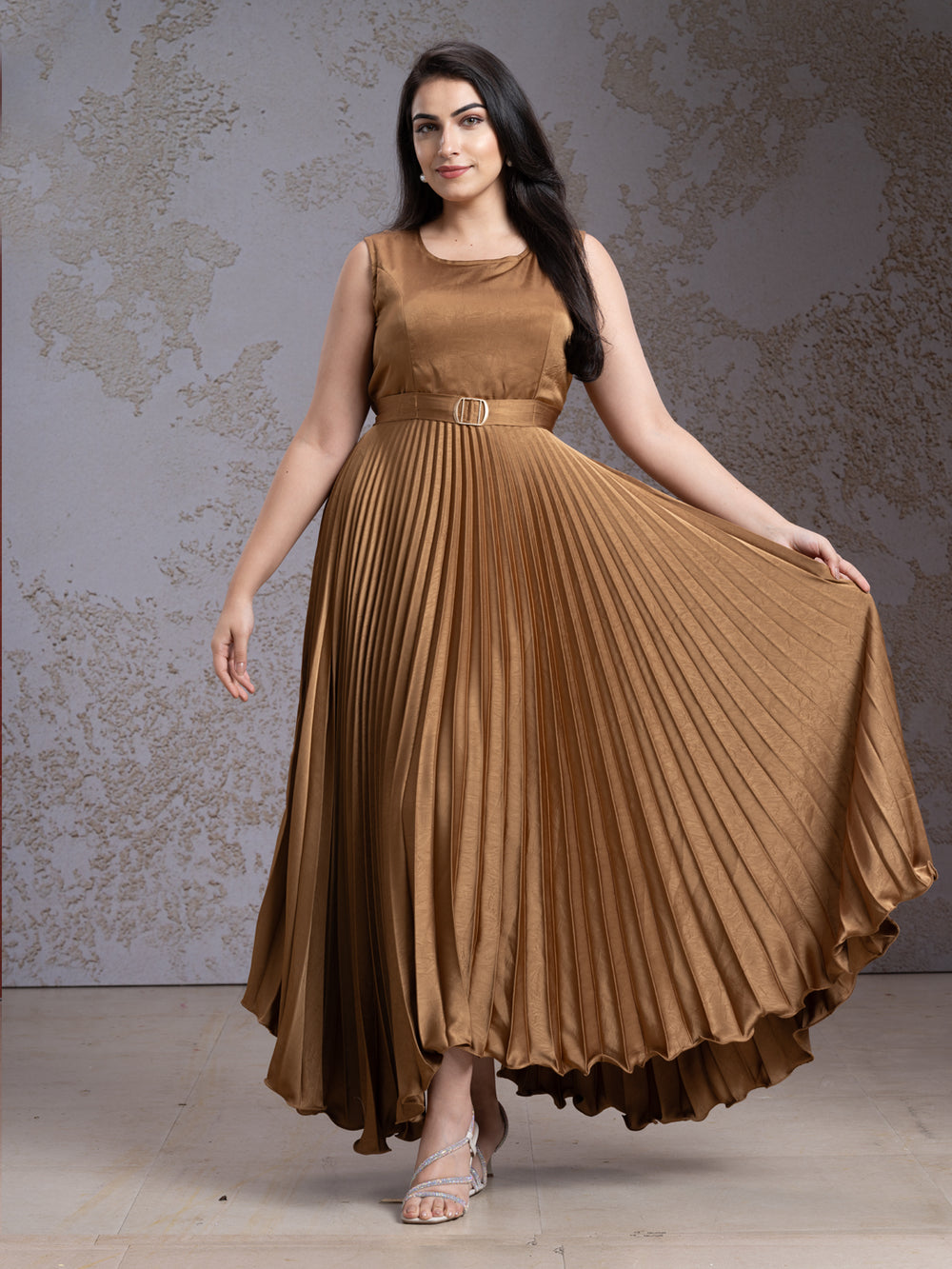Peanut Color Satin Crape Western Frock
