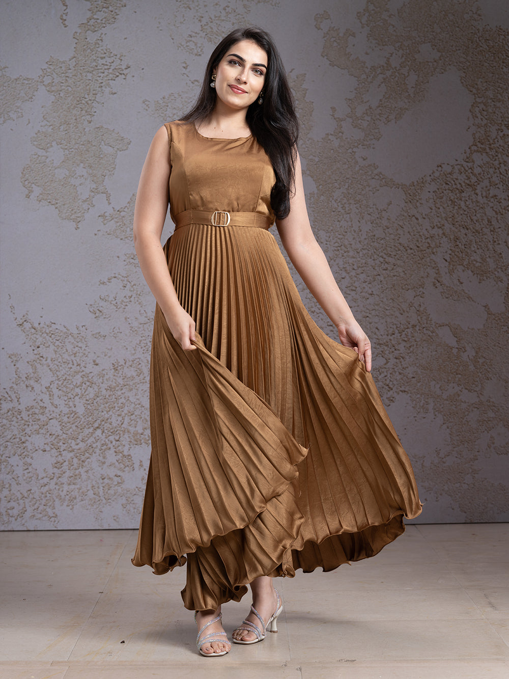 Peanut Color Satin Crape Western Frock