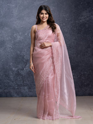 Peach Pink Organza Designer Fancy Saree