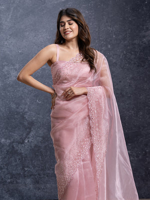Peach Pink Organza Designer Fancy Saree