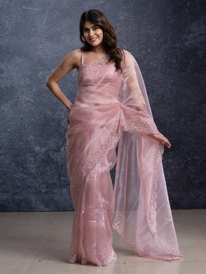 Peach Pink Organza Designer Fancy Saree