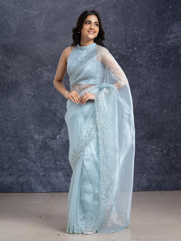 Organza Powder Blue Designer Fancy Saree