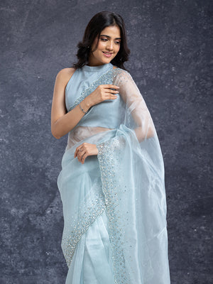 Organza Powder Blue Designer Fancy Saree
