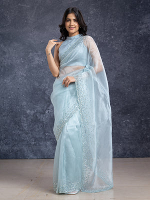 Organza Powder Blue Designer Fancy Saree