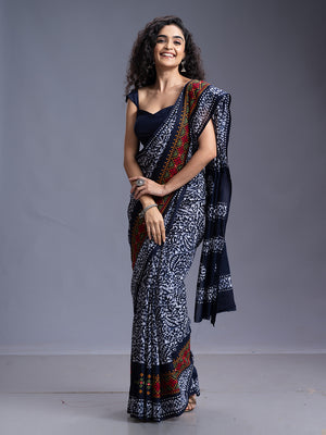 Navy Blue & White Malmal Cotton Saree