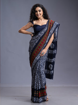 Navy Blue & White Malmal Cotton Saree
