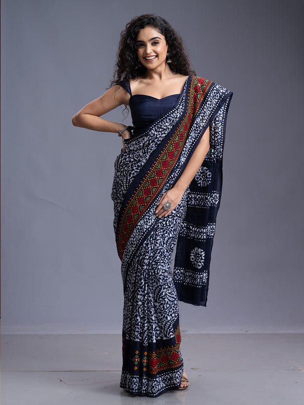 Navy Blue & White Malmal Cotton Saree