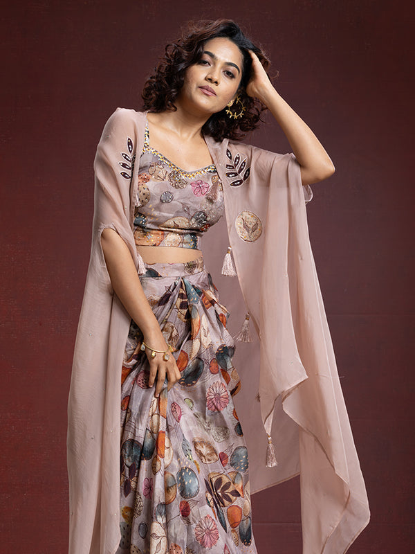 Chikku Shade Georgette Crop Top Skirt
