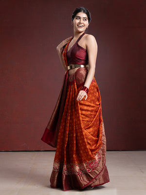 Orange & Reddish-Brown Bandani Saree