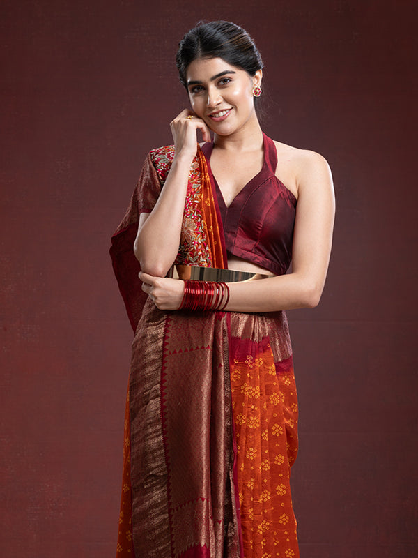 Orange & Reddish-Brown Bandani Saree