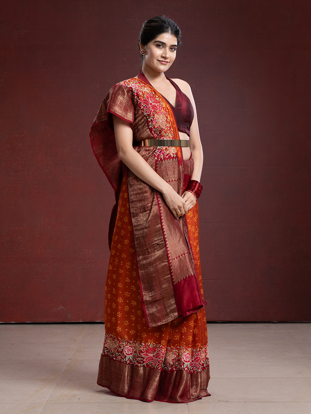 Orange & Reddish-Brown Bandani Saree