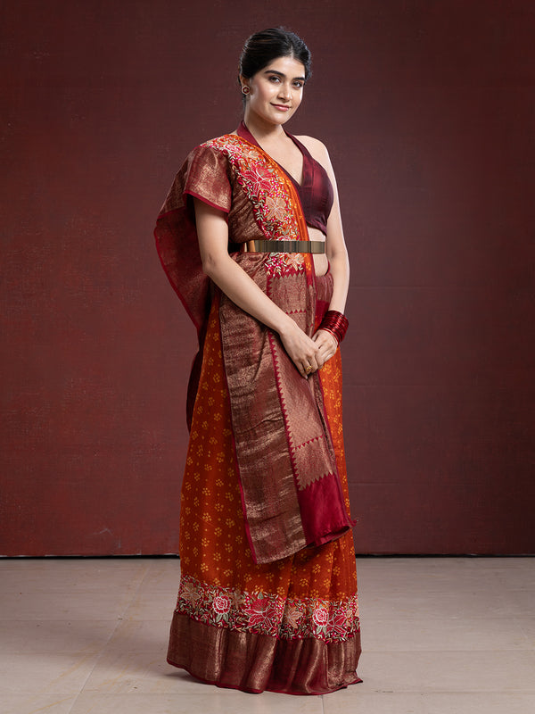 Orange & Reddish-Brown Bandani Saree