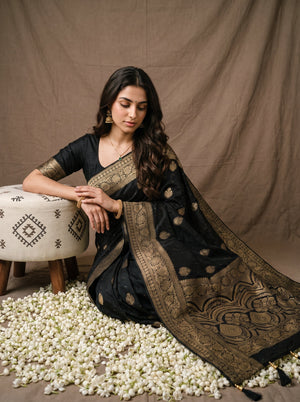 Banarasi Silk Black Butta Motif Saree with Gold Border and Sequin Work