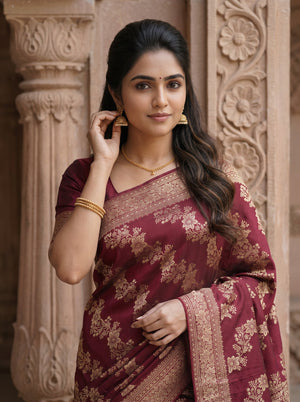 Banarasi Silk  Maroon Floral Jaal Saree with Zari Vine Border