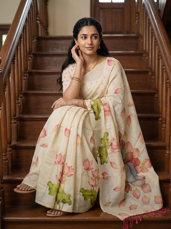 A woman sits on wooden stairs wearing a cream-colored saree with a pink and green lotus print. The saree has pink lotus flowers and green leaves, and the background consists of dark brown wooden stairs.
