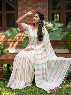 Cotton Cream and Multicolor stipe Onam Kerala Saree