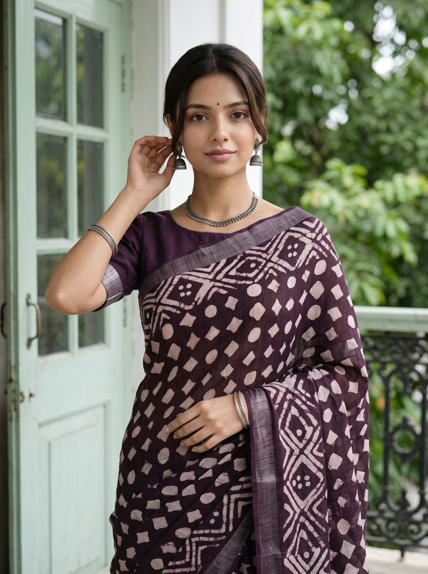 Linen Aubergine White Batik Dot Print Saree with Diamond Border