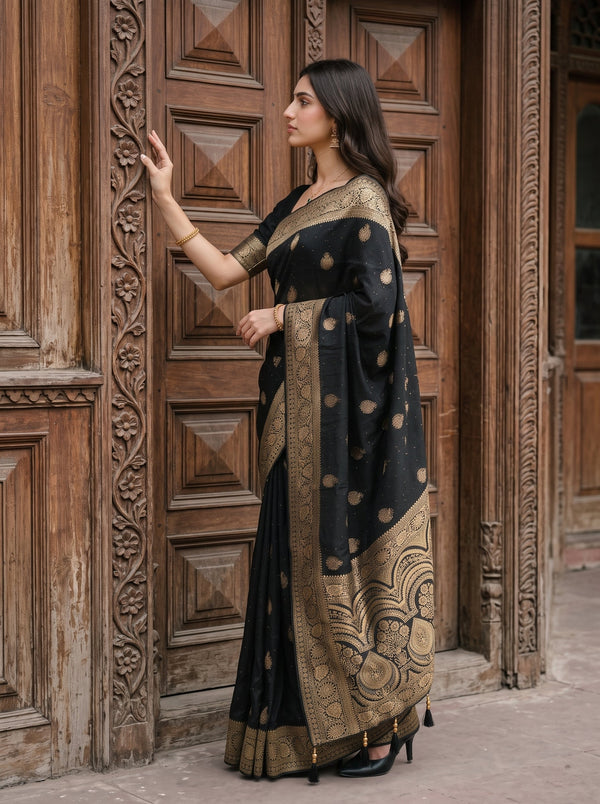 A woman wearing a black saree with gold motifs and a heavily embroidered gold border, standing in front of ornate carved wooden doors.
