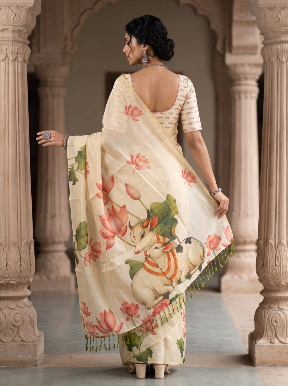 A woman wearing a cream-colored saree with a printed design of a deer, lotus flowers, and green leaves, standing in a stone corridor with arches.