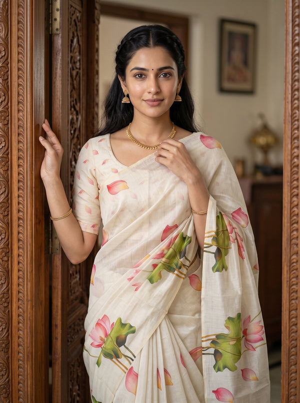 A woman wearing a cream-colored silk saree with a pink and green lotus print, standing in front of a carved wooden door.