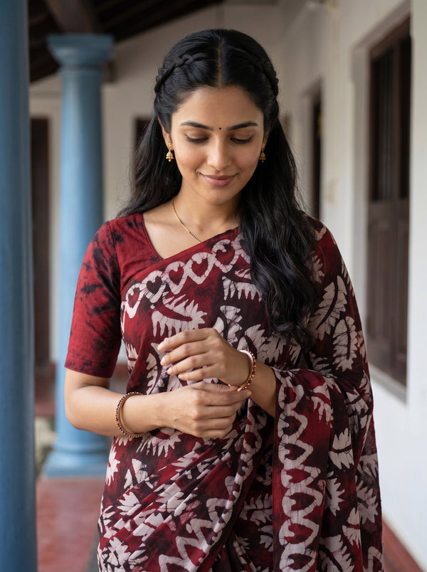 A woman wearing a dark red and white patterned saree, standing in a corridor with columns.