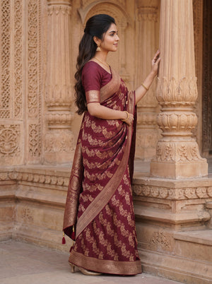 Banarasi Silk  Maroon Floral Jaal Saree with Zari Vine Border
