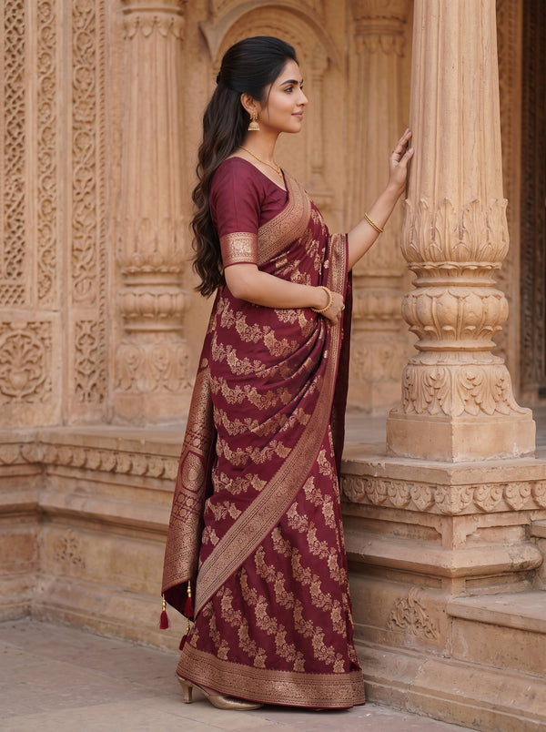 Banarasi Silk  Maroon Floral Jaal Saree with Zari Vine Border