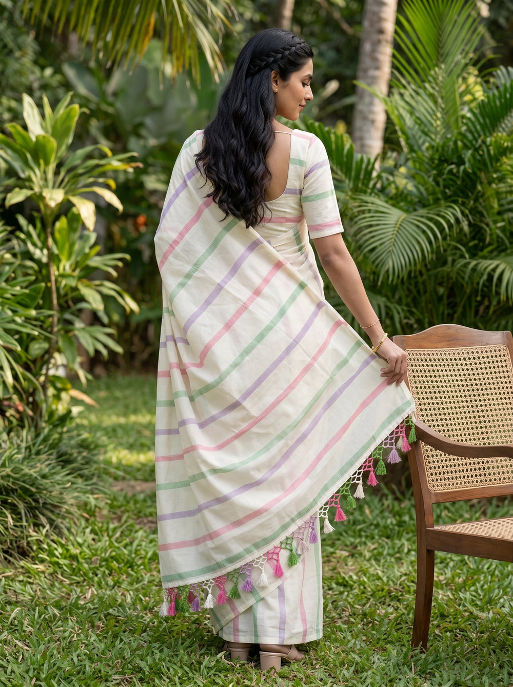 Cotton Cream and Multicolor stipe Onam Kerala Saree