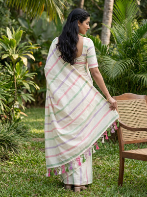 Cotton Cream and Multicolor stipe Onam Kerala Saree