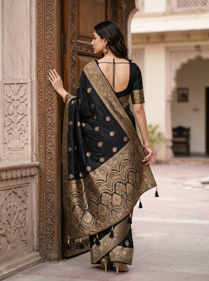 Banarasi Silk Black Butta Motif Saree with Gold Border and Sequin Work