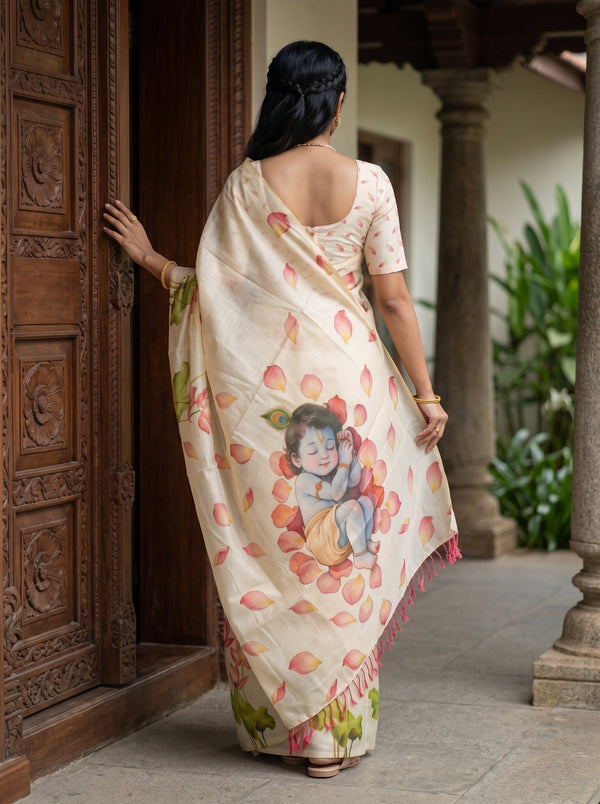 A woman viewed from behind wearing a cream-colored saree with a colorful illustration of a child and scattered pink lotus petals, standing in a traditional courtyard next to a carved wooden door.