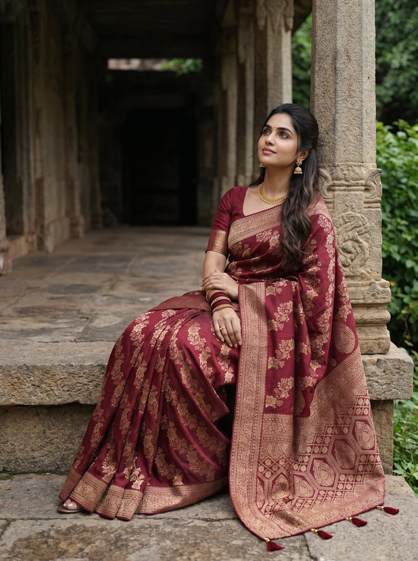 A woman wearing a deep maroon and gold Banarasi silk saree sits on stone steps in an ancient corridor.