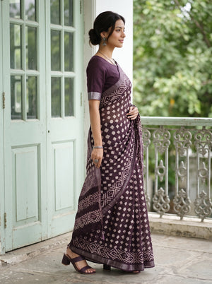 Linen Aubergine White Batik Dot Print Saree with Diamond Border