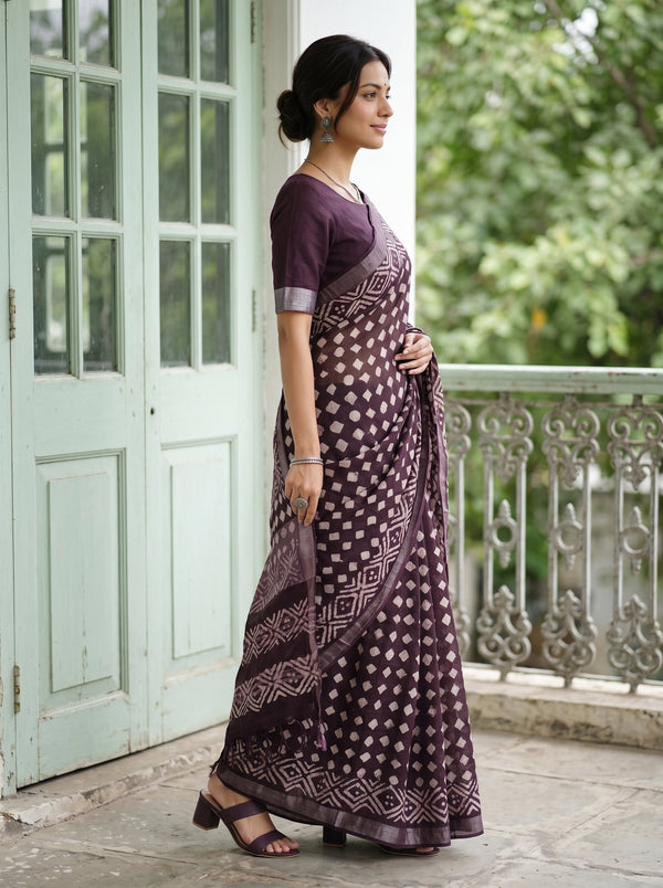 Linen Aubergine White Batik Dot Print Saree with Diamond Border