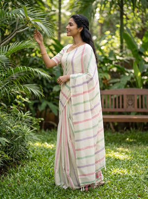 Cotton Cream and Multicolor stipe Onam Kerala Saree