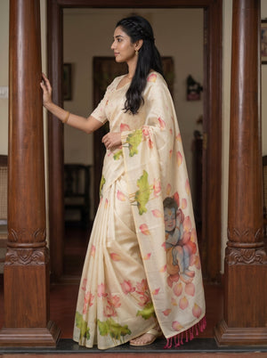 Tissue Cream Lotus Print Onam Kerala Saree with Krishna Petal Pallu