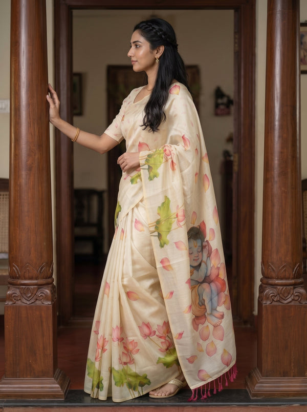 Tissue Cream Lotus Print Onam Kerala Saree with Krishna Petal Pallu