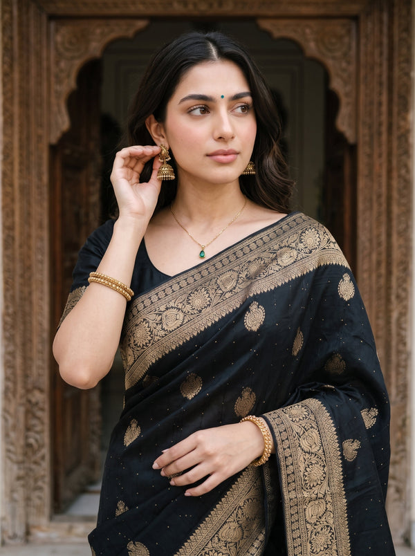 Banarasi Silk Black Butta Motif Saree with Gold Border and Sequin Work