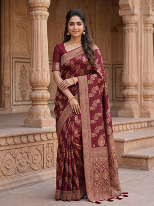 A woman wearing a deep maroon and gold Banarasi silk saree stands in front of a historic sandstone architectural structure with pillars.