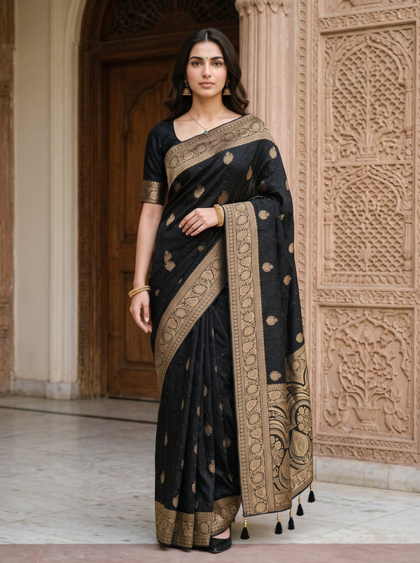 A woman wearing a black silk saree with intricate gold zari embroidery and a wide border, standing in front of a carved stone wall and wooden door.