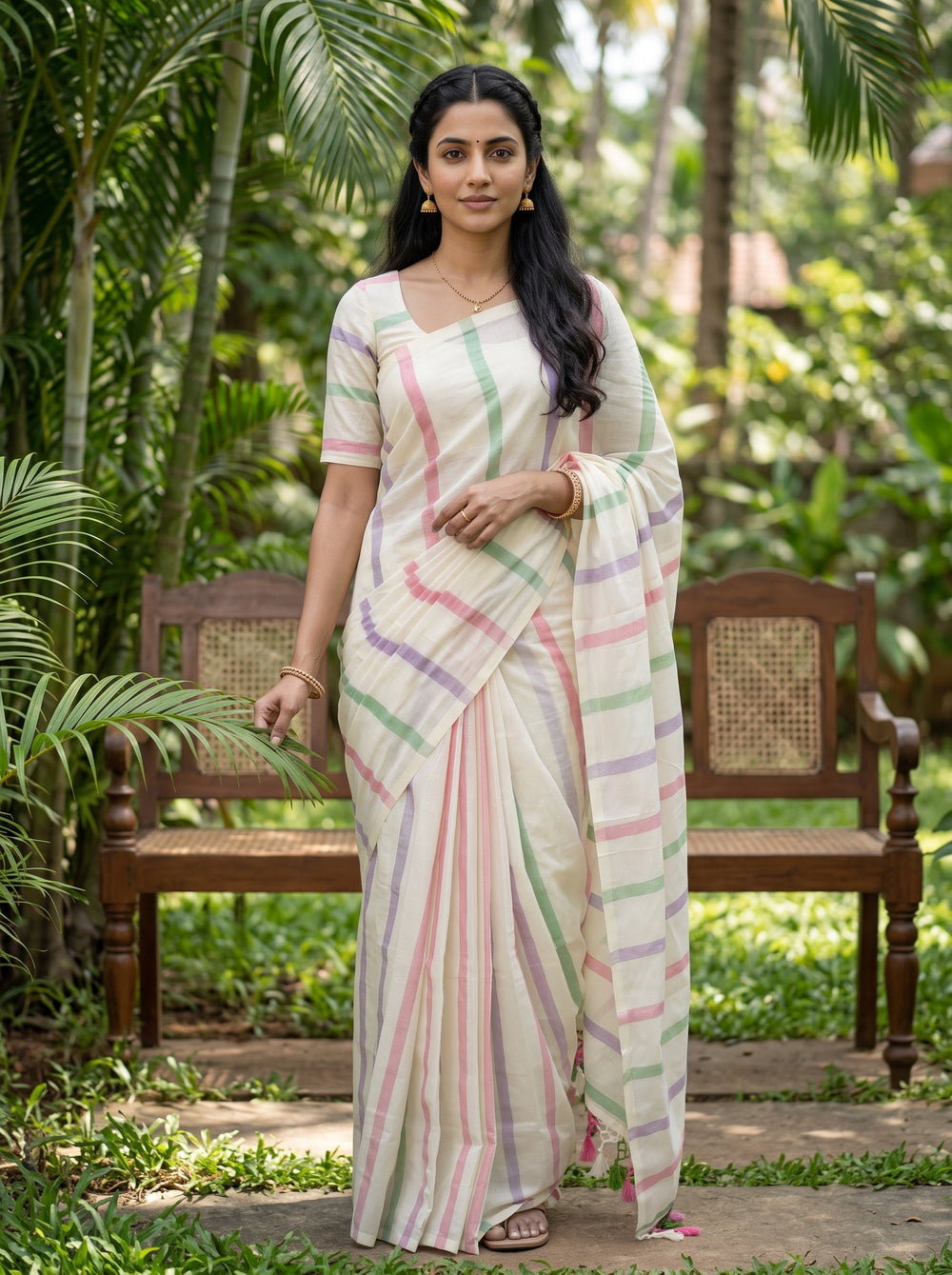 Cotton Cream and Multicolor stipe Onam Kerala Saree
