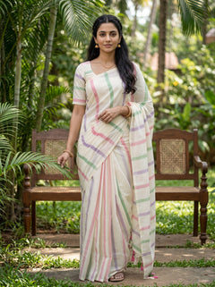 Cotton Cream and Multicolor stipe Onam Kerala Saree