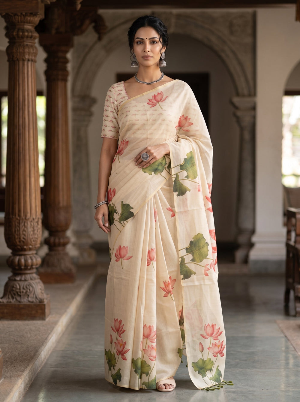 A woman wearing a cream-colored saree with a printed design of a deer, lotus flowers, and green leaves, standing in a stone corridor with arches.