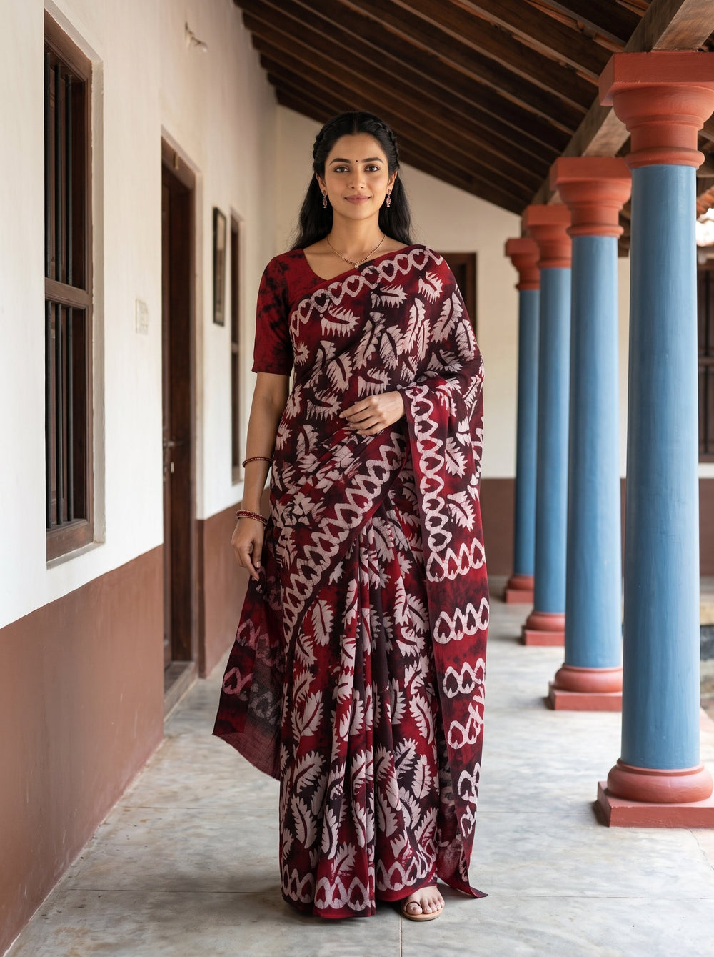 A woman wearing a dark red and white patterned silk saree stands in a traditional corridor with blue and terracotta pillars.