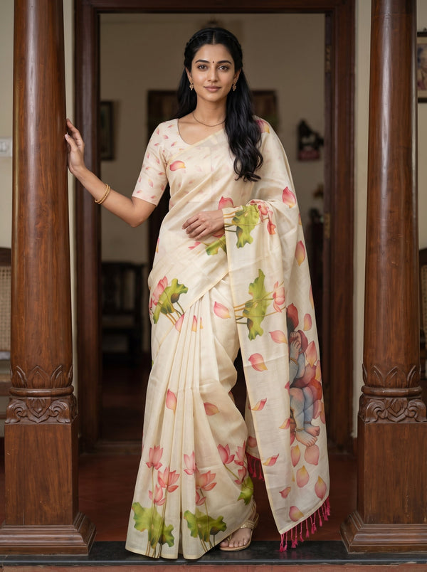 A woman wearing a cream-colored cotton saree with pink and green floral prints, standing in a doorway between two carved wooden pillars.