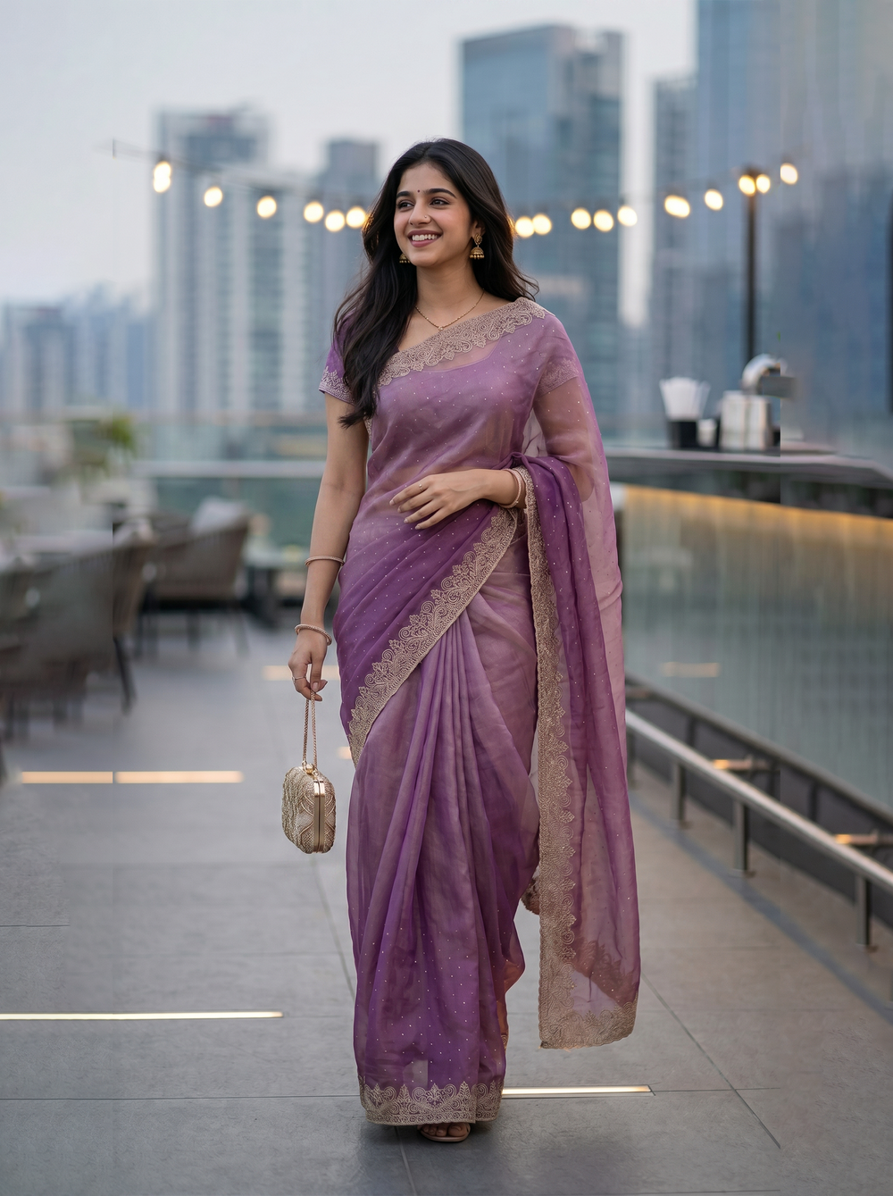 Organza Lavender Purple Stone Studded Saree with Zari Embroidered Border