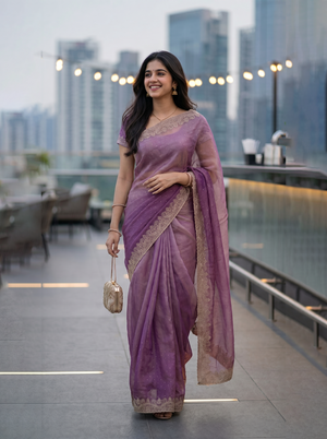 Organza Lavender Purple Stone Studded Saree with Zari Embroidered Border