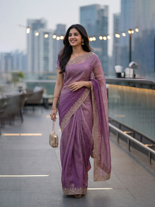 Organza Lavender Purple Stone Studded Saree with Zari Embroidered Border